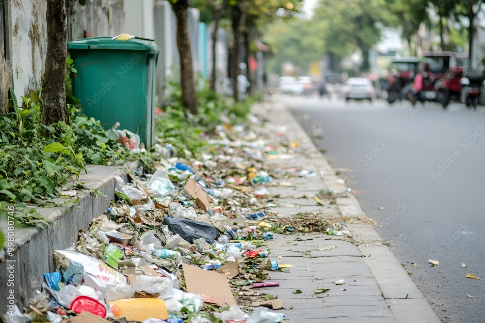Fototapeta premium Littered sidewalk with overflowing trash bin in urban area