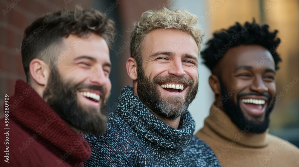 Group of men laughing together at a support group meeting diverse ages warm and welcoming atmosphere Group of men laughing together at a support group meeting diverse ages warm and welcoming atmosphere