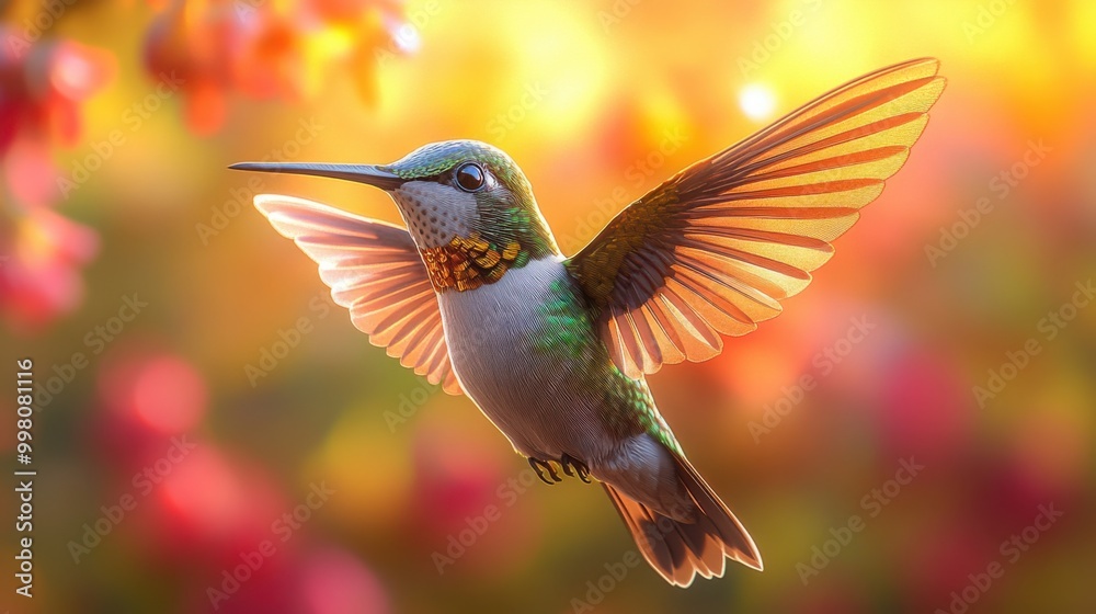 Naklejka premium Stunning 3D Style Hummingbird in Mid-Flight Against a Vibrant Gradient Background