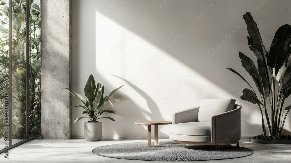 Contemporary home interior featuring a minimalist wall and gray furnishings. The loft-inspired living space boasts an armchair, plant-adorned table, and circular rug on a white backdrop.