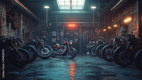 There is a row of various motorcycles parked inside a garage photo