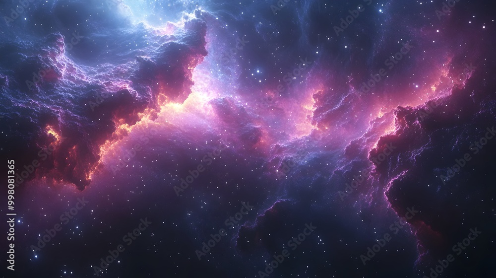 Naklejka premium Captivating Cosmic Spectacle Bright Stars Nebulae and Distant Galaxies in a Dark Space Background