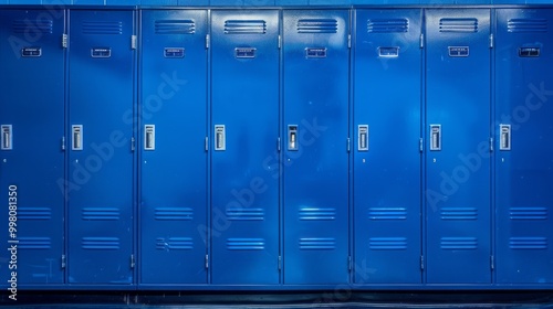 A row of blue lockers with a blue door