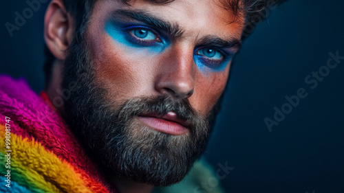 Intense close up of a bearded man in avant garde fashion with bold makeup vibrant scarf and dramatic lighting 