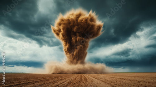 Intense gustnado forming over a field narrow swirling column of dust and debris rising under dark clouds  photo