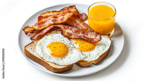 Isolated sunny side up eggs with crispy bacon strips toast and fresh orange juice on a white plate on a white background 