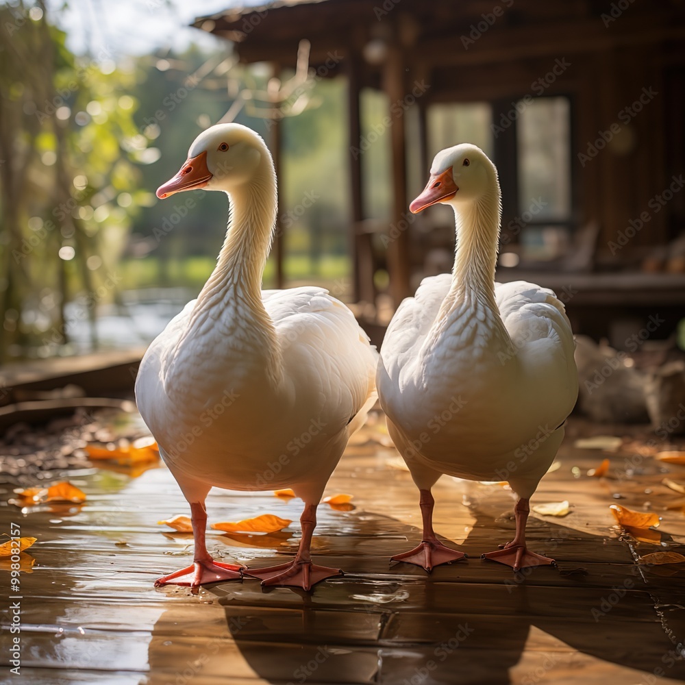 Obraz premium A pair of white geese, standing on the wooden floor in front of them, have an orange beak and head with red eyes. The background features green plants and trees, creating a natural environment.