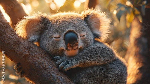 3D Style Koala Sleeping in a Tree Against a Gradient Background for Creative Designs photo