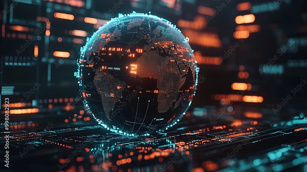 Fototapeta premium A glowing digital globe, intertwined with orange and blue lights, hovers above a circuit board, symbolizing the flow of global data.