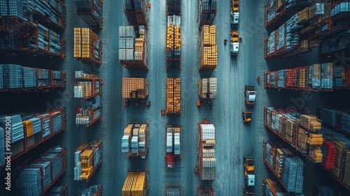 Aerial view of a large warehouse with rows of stacked goods and forklifts moving between them.