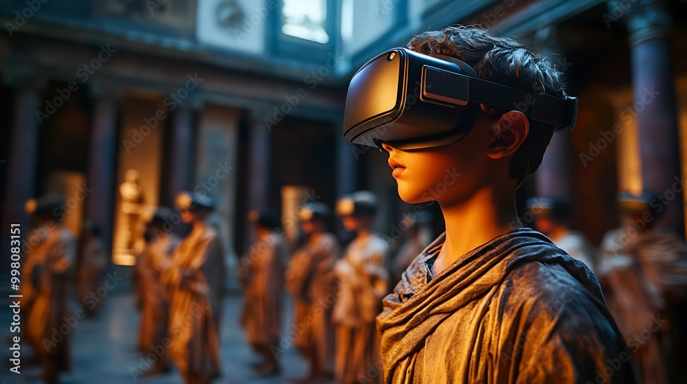 A boy, immersed in VR, journeys through history, his modern experience blending with ancient surroundings. A boy, immersed in VR, journeys through history, his modern experience blending with ancient surroundings.