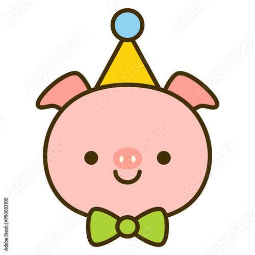 Cute smiling pig face with party hat and bow tie. Cartoon style vector illustration.
