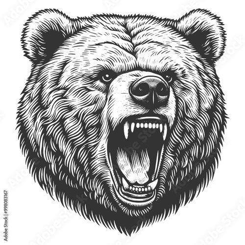 roaring growling grizzly bear head, tattoo. Powerful expression sketch engraving generative ai vector illustration. Scratch board imitation. Black and white image.