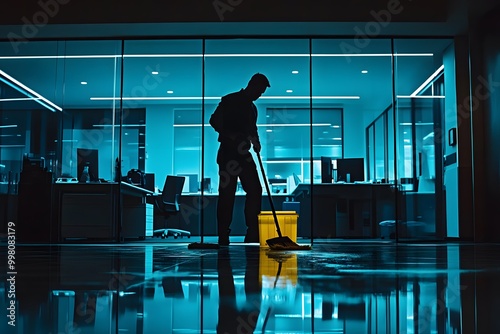 Janitor cleaning office floor at night