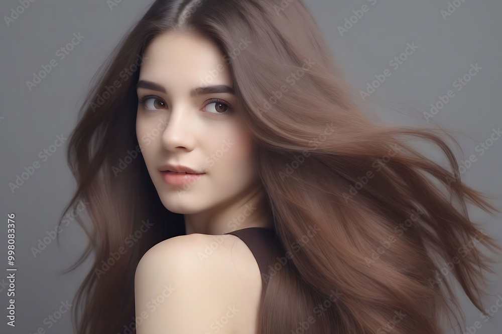Naklejka premium Stunning Woman with Flowing Brown Hair - Beauty Portrait