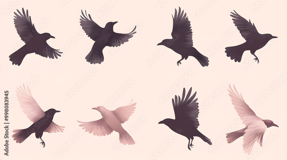 Fototapeta premium Minimal pastel raven set of icons with smooth wings and soft pastel tones placed on a clean background