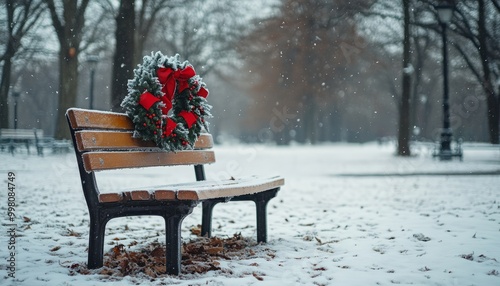 A wooden bench covered in snow with a Christmas wreath in a snowy park.