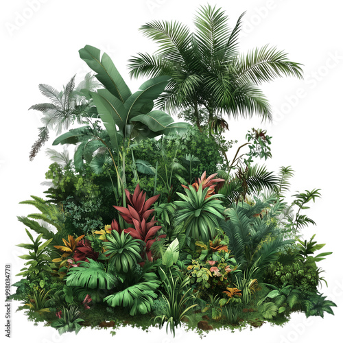 A lush, green jungle-themed vertical garden wall with various tropical plants and trees, creates an exotic atmosphere isolated on a transparent background