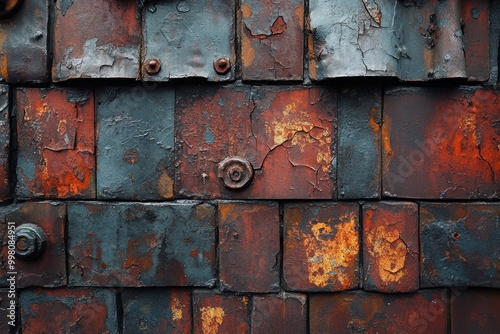 A close-up of a rusty metal wall with square panels, showing the texture and details of the corroded surface.