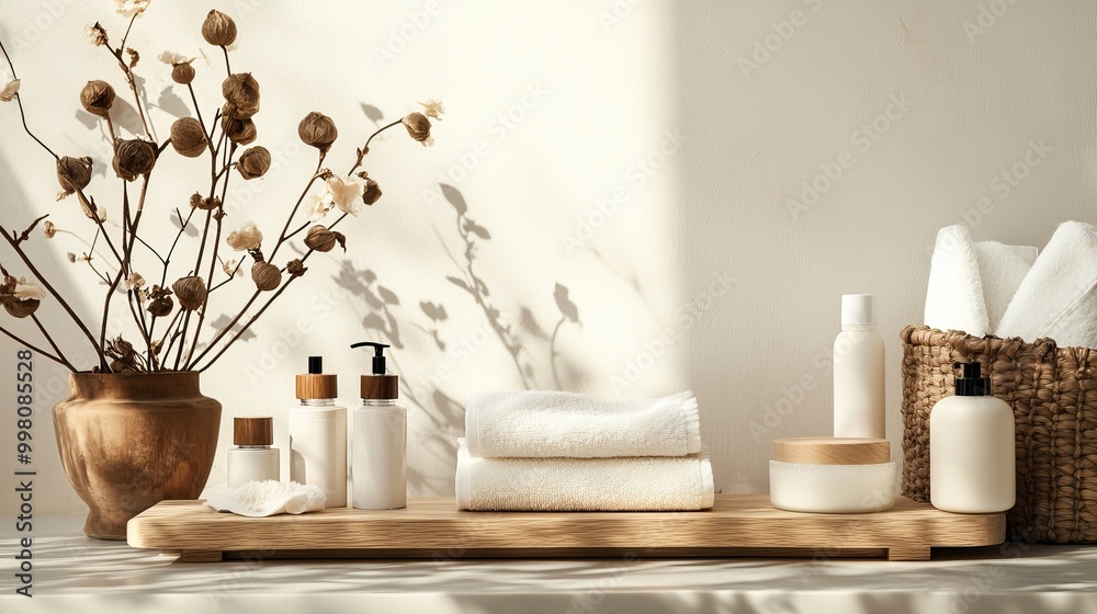 Cotton-based cosmetics and cloths displayed on a wooden stand against a light backdrop. Cotton-based cosmetics and cloths displayed on a wooden stand against a light backdrop.
