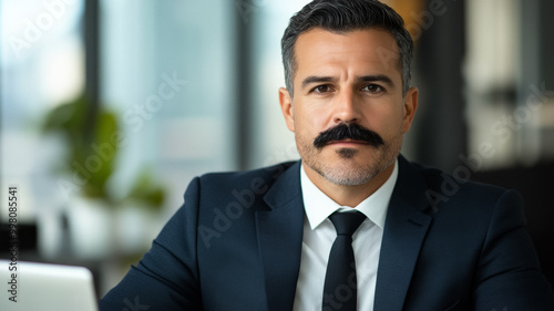 Mature man with a thick black mustache wearing a formal suit sitting at an office desk with a laptop 