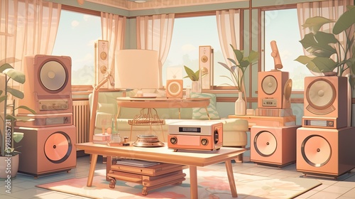 3D nostalgic 70s theme with soft pastel colors, featuring retro shapes. photo