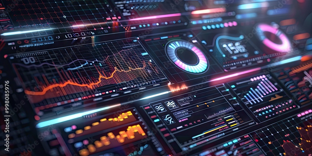 Futuristic Data Interface with Graphs and Charts - A futuristic digital interface displaying dynamic graphs, charts, and data visualizations