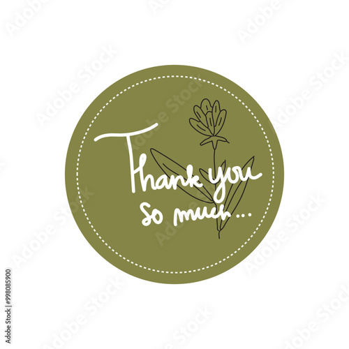 Thank you handwritten with floral line isolated on white background. Hand drawn lettering style calligraphy.