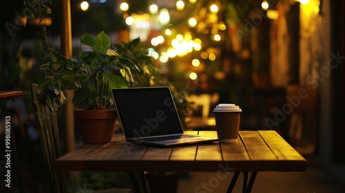 Cozy coffee shop ambiance with a portable laptop, coffee, smartphone, and plant on a wooden table at night. Perfect for remote work or co-working.