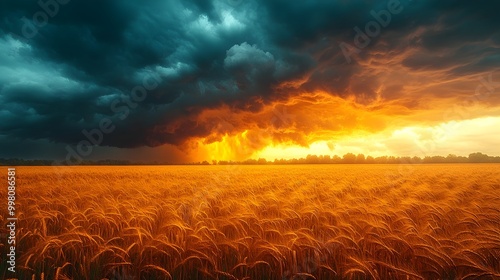 Dramatic Thunderstorm Approaching Wheat Field with Dark Ominous Clouds and Swaying Crops