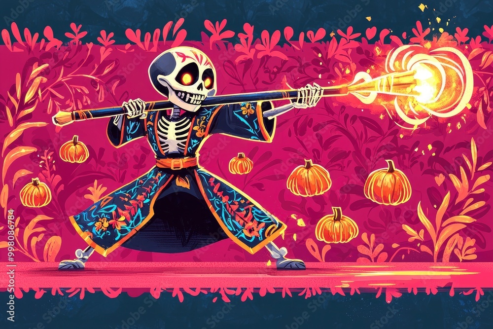 Day of the Dead Skeleton Warrior with Flaming Staff Day of the Dead Skeleton Warrior with Flaming Staff