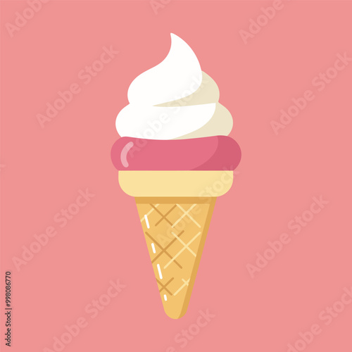 Ice cream cone on pink background, simple food illustration.