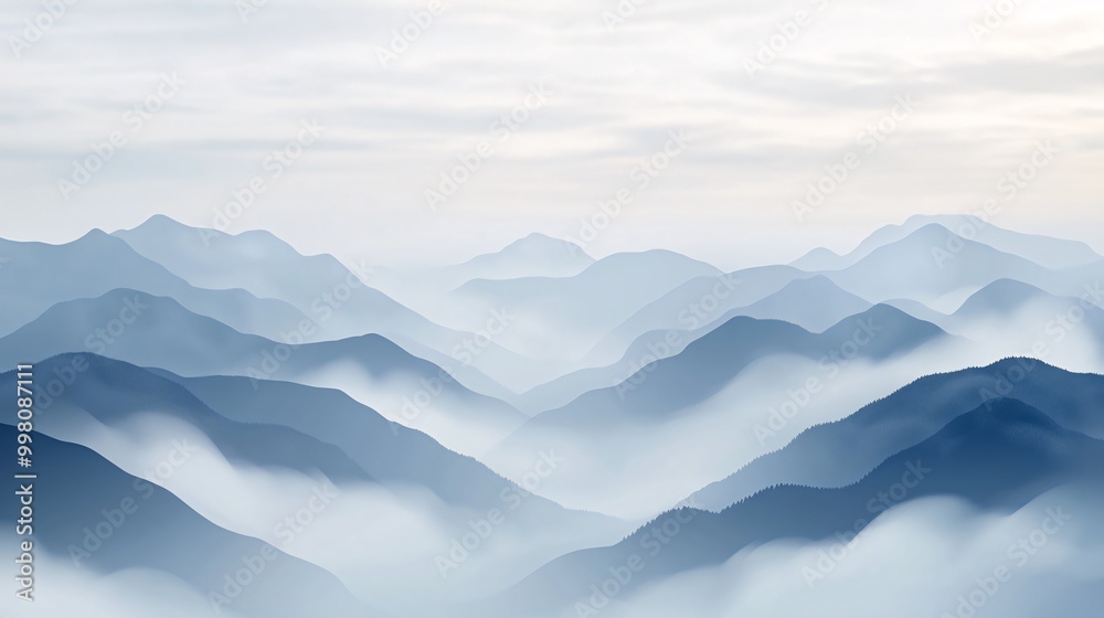 A misty mountain range with soft, blue hues and a faint cloud cover above. A misty mountain range with soft, blue hues and a faint cloud cover above.