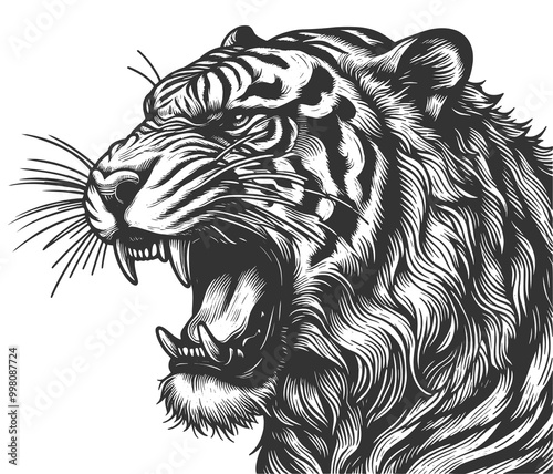 fierce roaring tiger growling, sharp teeth and powerful expression, exuding wild strength sketch engraving generative ai vector illustration. Scratch board imitation. Black and white image.