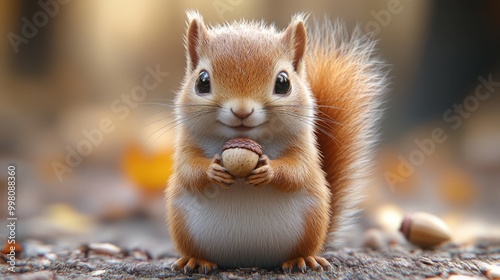 3D Style Squirrel Holding an Acorn Against a Gradient Background for Creative Projects photo