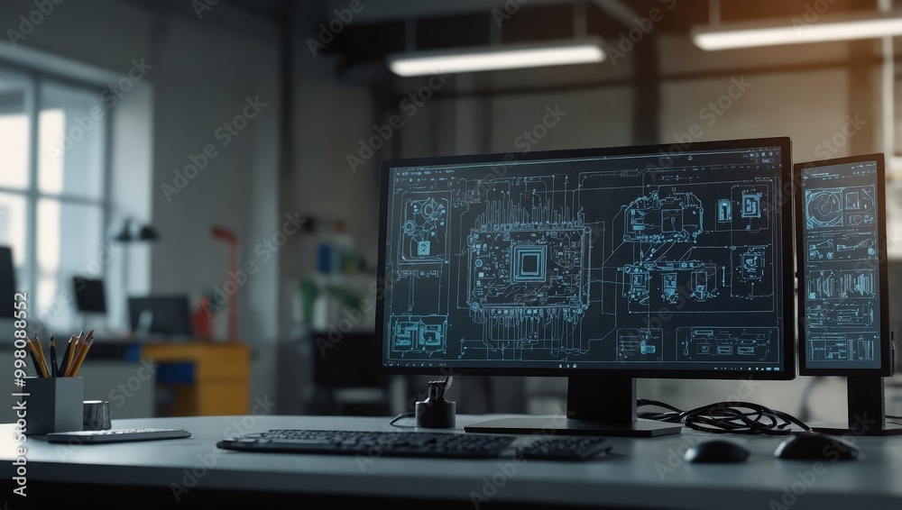 Empty Workplace With Computer Monitor Display with 3D CAD Software Interface with Digital Electronic Diagram of a Circuit Motherboard Being Designed. Modern Factory Engineer's Office Concept Empty Workplace With Computer Monitor Display with 3D CAD Software Interface with Digital Electronic Diagram of a Circuit Motherboard Being Designed. Modern Factory Engineer's Office Concept