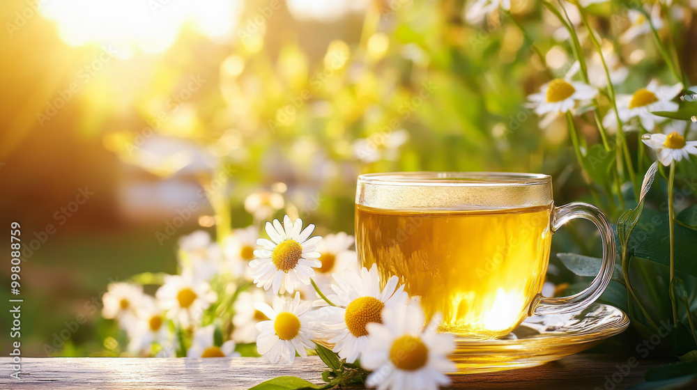 Herbal chamomile tea in glass cup and chamomile flowers on wooden table. Countryside background. Healthy Chamomile summer tea, Immunity tea. Copy space, product place. Side view Herbal chamomile tea in glass cup and chamomile flowers on wooden table. Countryside background. Healthy Chamomile summer tea, Immunity tea. Copy space, product place. Side view