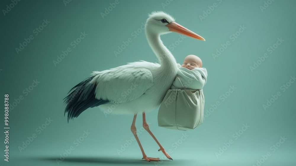 3D Style Illustration of a Stork Carrying a Baby Bundle for Creative Projects 3D Style Illustration of a Stork Carrying a Baby Bundle for Creative Projects