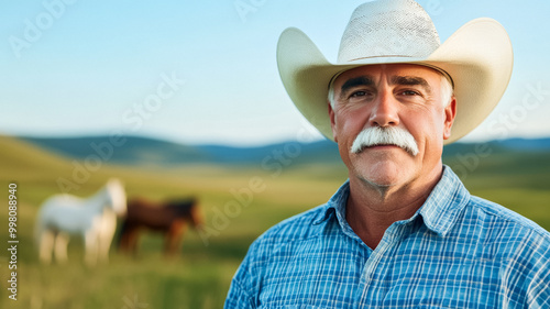 Older man with a white mustache and cowboy hat standing proudly in a rural landscape with horses in the background 