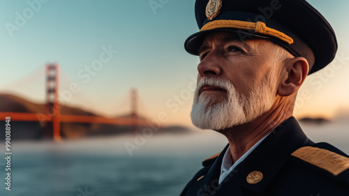 Older veteran in uniform before the Golden Gate Bridge with fog rolling in from the bay  photo