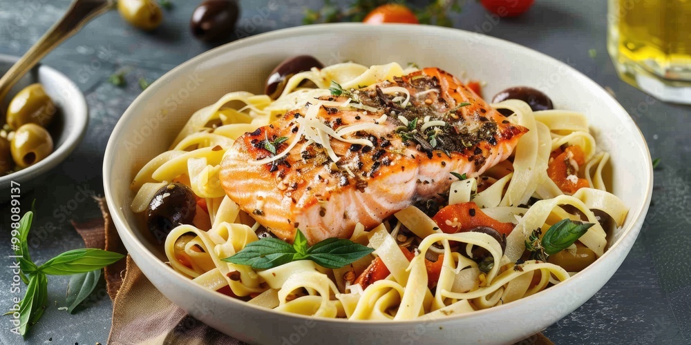 Mediterranean Pasta with Herb-Rubbed Salmon and Olive Topping Mediterranean Pasta with Herb-Rubbed Salmon and Olive Topping