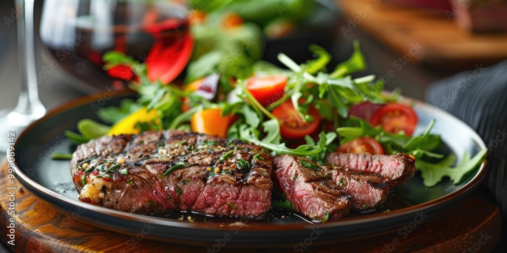 Juicy Steak on a Plate Next to a Fresh Salad in a Clear Bowl, Wine and Glass on a Well-Arranged Dining Table. Juicy Steak on a Plate Next to a Fresh Salad in a Clear Bowl, Wine and Glass on a Well-Arranged Dining Table.