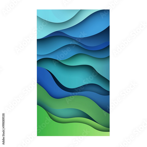 Graphic of blue and green wavy paper-cut art, transparent background