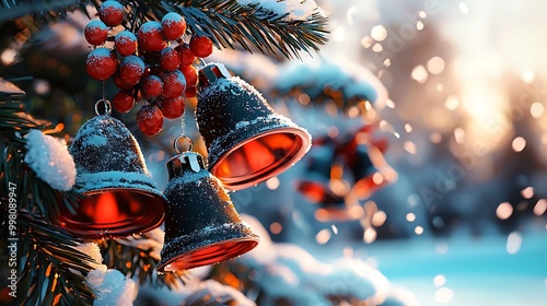 Frosted bells dangle from a snowy pine branch, bringing the warmth of tradition to the winter scene.