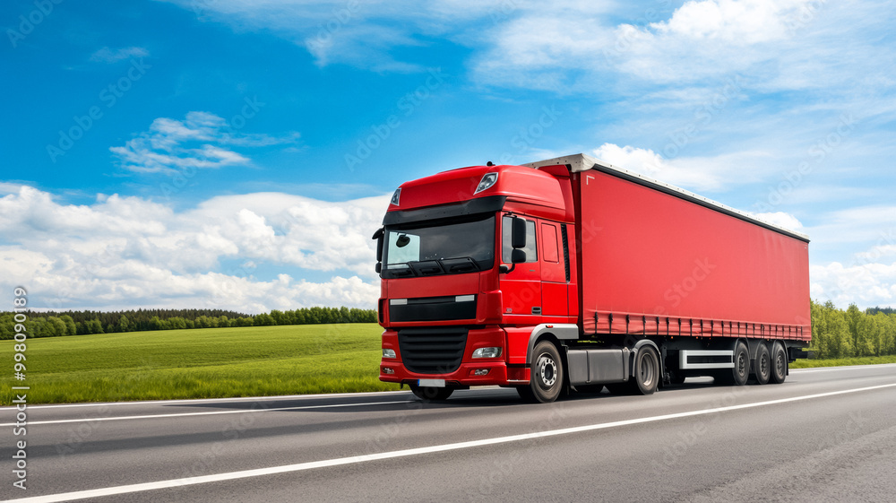 Red cargo truck with aerodynamic design on a countryside road in bright daylight Red cargo truck with aerodynamic design on a countryside road in bright daylight