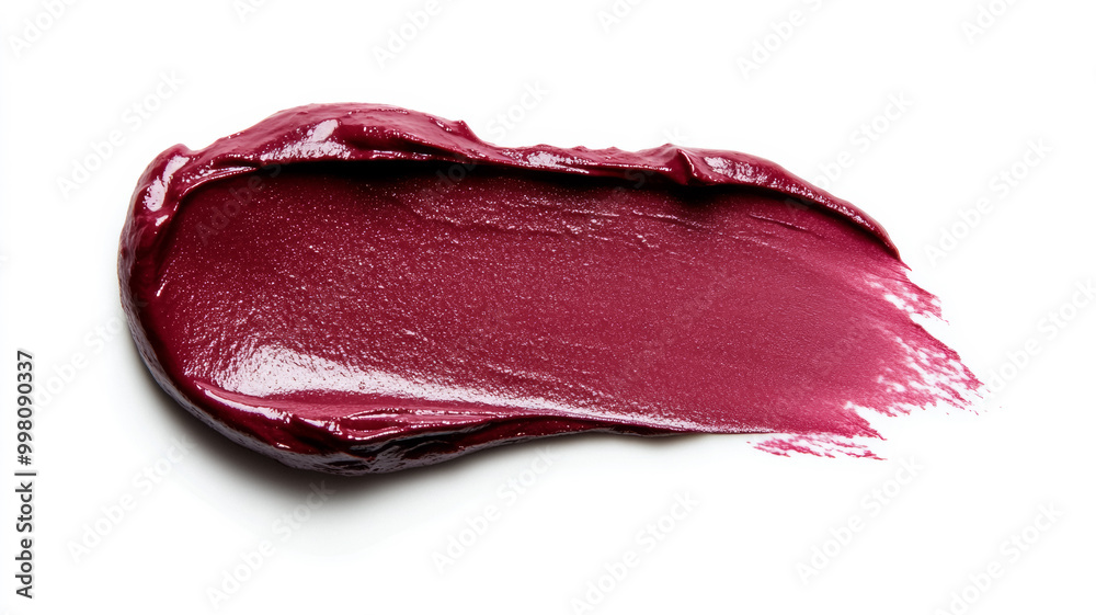 Rich burgundy lipstick smudge with soft feathered edges and glistening highlights on a matte white background Rich burgundy lipstick smudge with soft feathered edges and glistening highlights on a matte white background