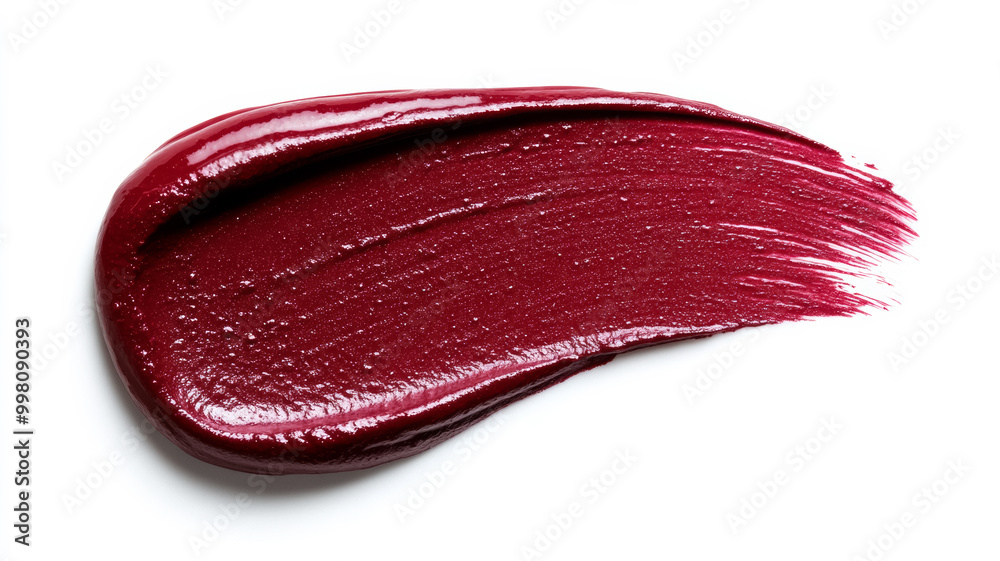 Rich burgundy lipstick smudge with soft feathered edges and glistening highlights on a matte white background Rich burgundy lipstick smudge with soft feathered edges and glistening highlights on a matte white background