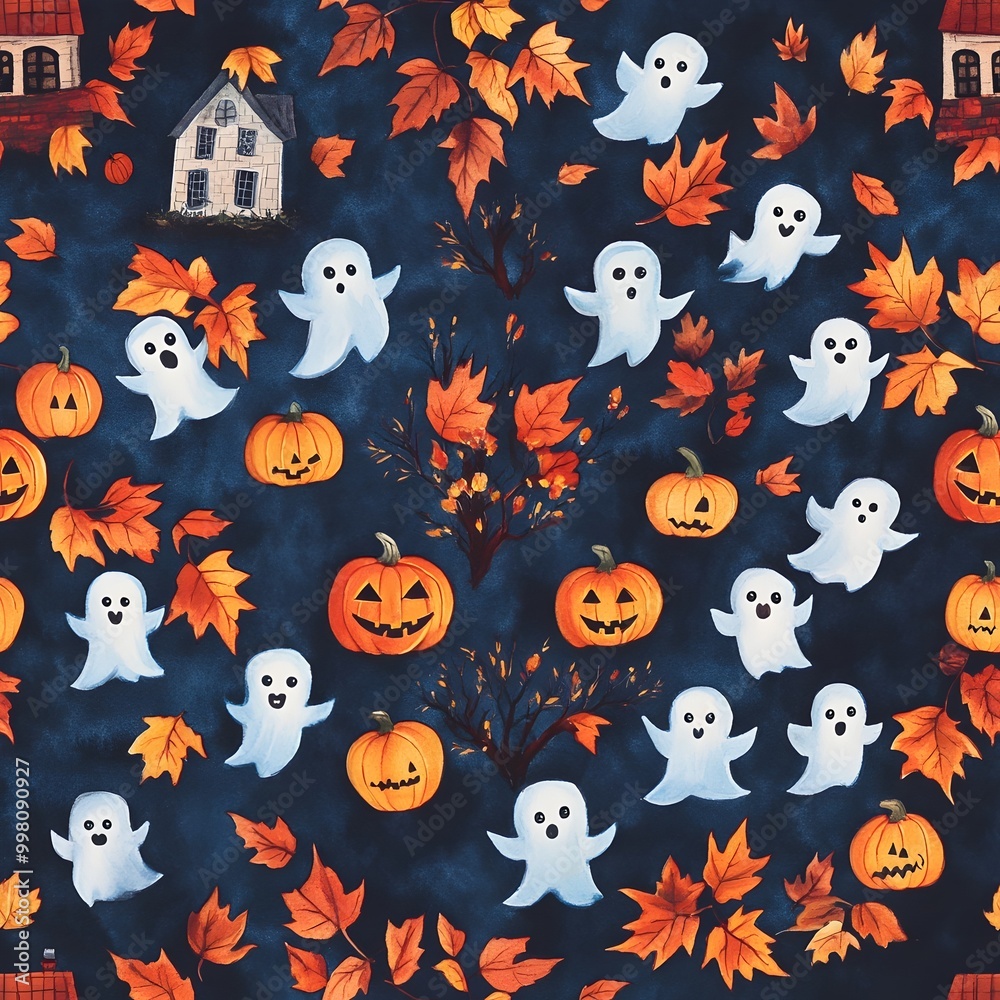 Cozy Halloween Atmosphere with Spooky Ghosts Pumpkins and Autumn Leaves in Watercolor Style Cozy Halloween Atmosphere with Spooky Ghosts Pumpkins and Autumn Leaves in Watercolor Style