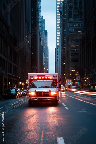 Ambulance racing down a city street