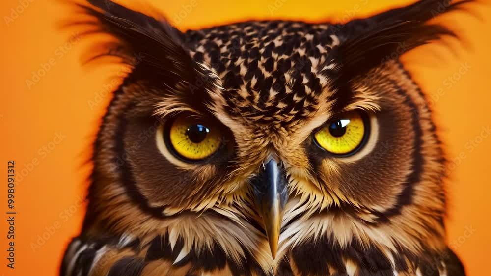 Vibrant portrait of a majestic owl with intense yellow eyes against bold orange background Vibrant portrait of a majestic owl with intense yellow eyes against bold orange background